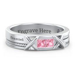 Men's 2-Stone Family Ring with “X” Stitch Detail