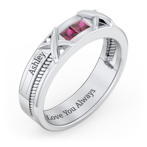 Men's 2-Stone Family Ring with “X” Stitch Detail