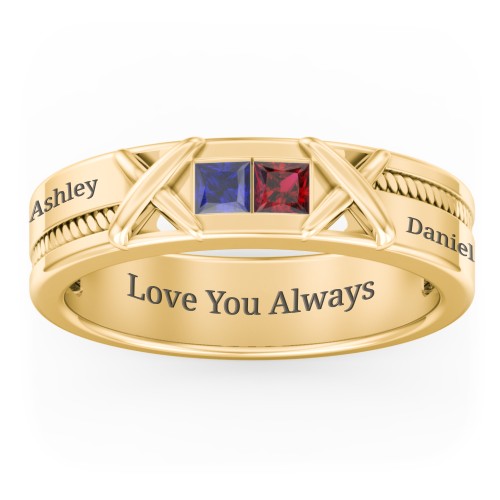 Men's 2-Stone Family Ring with “X” Stitch Detail – 10K Yellow Gold with Blue Sapphire and Garnet