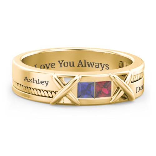 Men's 2-Stone Family Ring with “X” Stitch Detail – 10K Yellow Gold with Blue Sapphire and Garnet