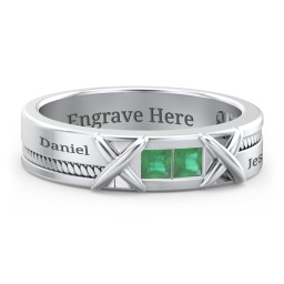 Men's 2-Stone Family Ring with “X” Stitch Detail in 925 Sterling Silver with Emerald