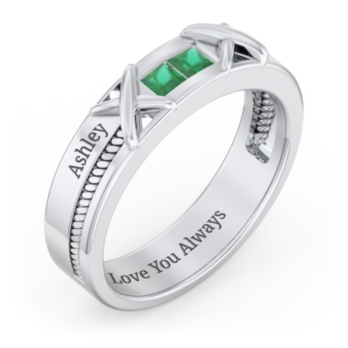 Men's 2-Stone Family Ring with “X” Stitch Detail – Sterling Silver with Emerald
