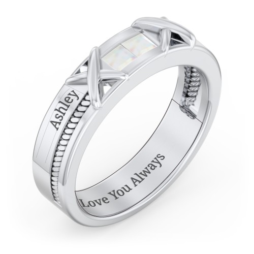 Men's 2-Stone Family Ring with “X” Stitch Detail – Sterling Silver with Opal