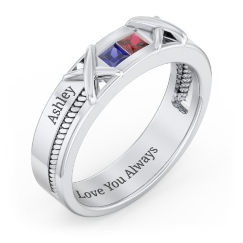 Men's 2-Stone Family Ring with “X” Stitch Detail – Sterling Silver with Blue Sapphire and Garnet