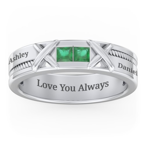 Men's 2-Stone Family Ring with “X” Stitch Detail – Sterling Silver with Emerald