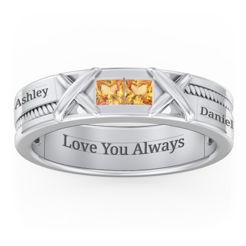 Men's 2-Stone Family Ring with “X” Stitch Detail – Sterling Silver with Citrine