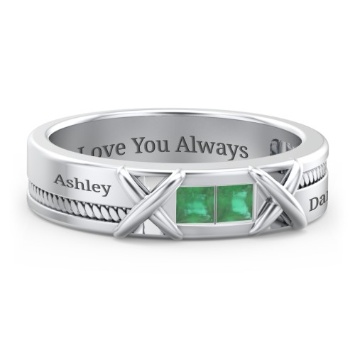 Men's 2-Stone Family Ring with “X” Stitch Detail – Sterling Silver with Emerald