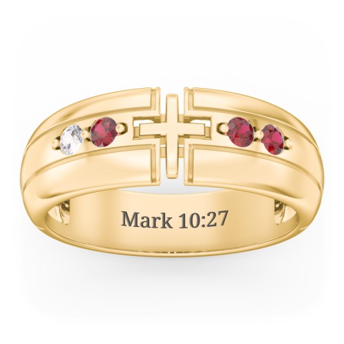 Men’s 4-Stone Cross Ring – 10K Yellow Gold with Cubic Zirconia and Garnet