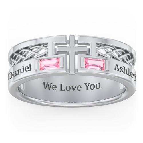Men’s Cross Ring with East-West Baguette Gemstones – Sterling Silver with Pink Tourmaline