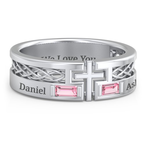 Men’s Cross Ring with East-West Baguette Gemstones – Sterling Silver with Pink Tourmaline