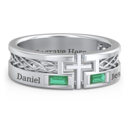 Men’s Cross Ring with East-West Baguette Gemstones in 925 Sterling Silver with Emerald
