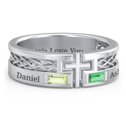 Men’s Cross Ring with East-West Baguette Gemstones in 925 Sterling Silver with Peridot and Emerald