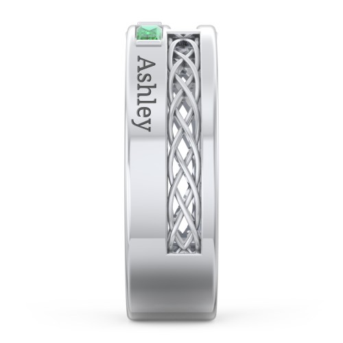 Men’s Cross Ring with East-West Baguette Gemstones – Sterling Silver with Peridot and Emerald