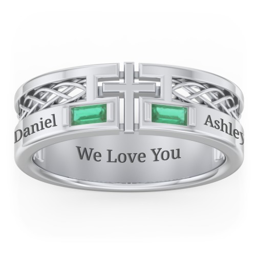 Men’s Cross Ring with East-West Baguette Gemstones – Sterling Silver with Emerald