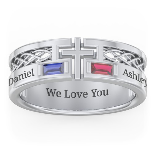 Men’s Cross Ring with East-West Baguette Gemstones – Sterling Silver with Blue Sapphire and Garnet