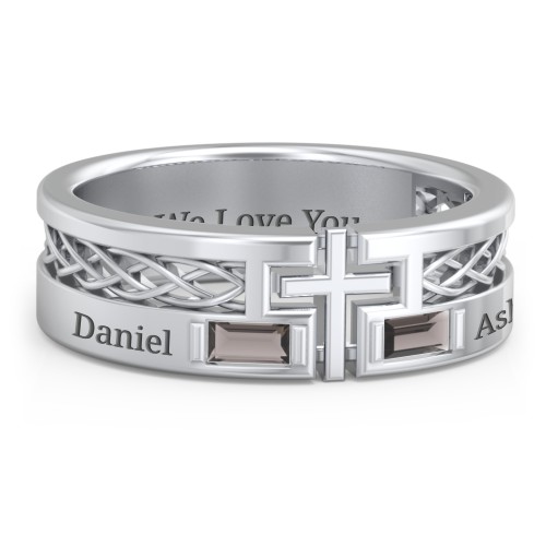 Men’s Cross Ring with East-West Baguette Gemstones – Sterling Silver with Smokey Quartz