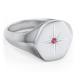 Men’s Star Set Hexagon Signet Ring in 925 Sterling Silver with Ruby