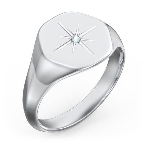 Men’s Star Set Hexagon Signet Ring – Sterling Silver with Aquamarine