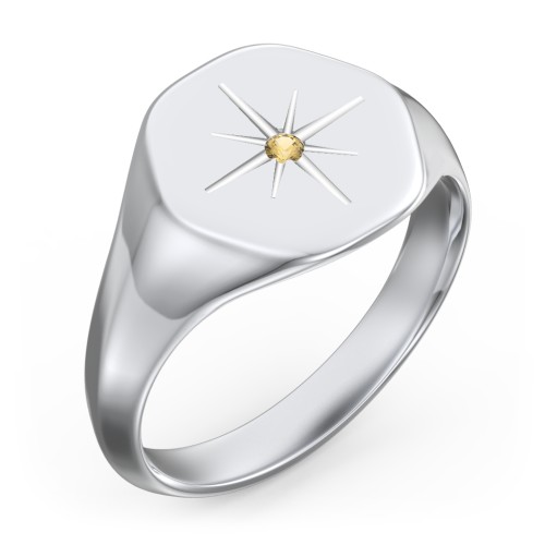 Men’s Star Set Hexagon Signet Ring – Sterling Silver with Citrine