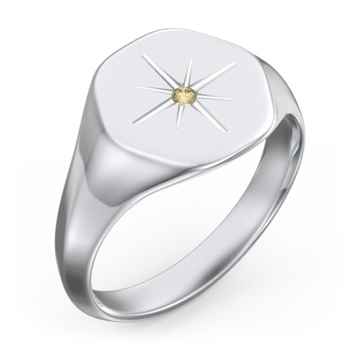 Men’s Star Set Hexagon Signet Ring – Sterling Silver with Citrine