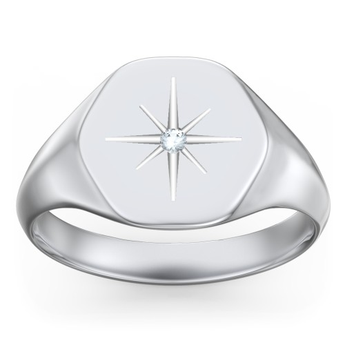 Men’s Star Set Hexagon Signet Ring – Sterling Silver with Aquamarine