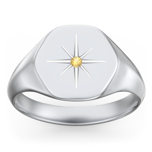 Men’s Star Set Hexagon Signet Ring – Sterling Silver with Citrine