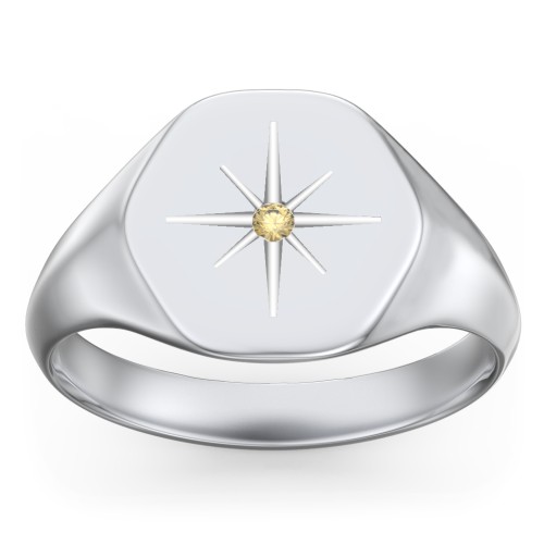 Men’s Star Set Hexagon Signet Ring – Sterling Silver with Citrine