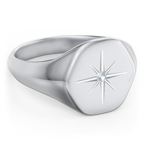 Men’s Star Set Hexagon Signet Ring – Sterling Silver with Aquamarine