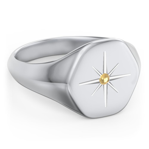 Men’s Star Set Hexagon Signet Ring – Sterling Silver with Citrine