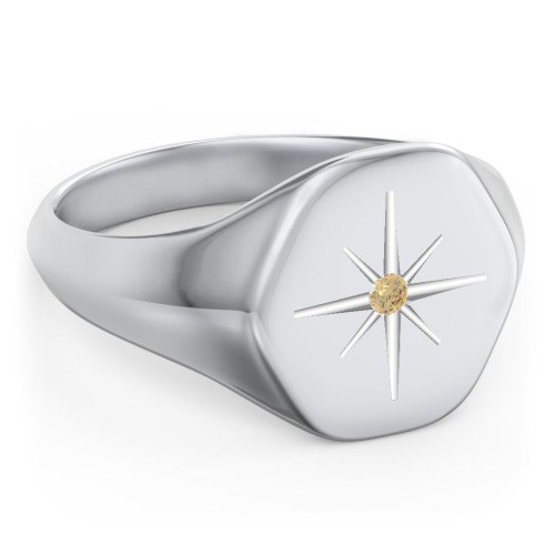 Men’s Star Set Hexagon Signet Ring – Sterling Silver with Citrine