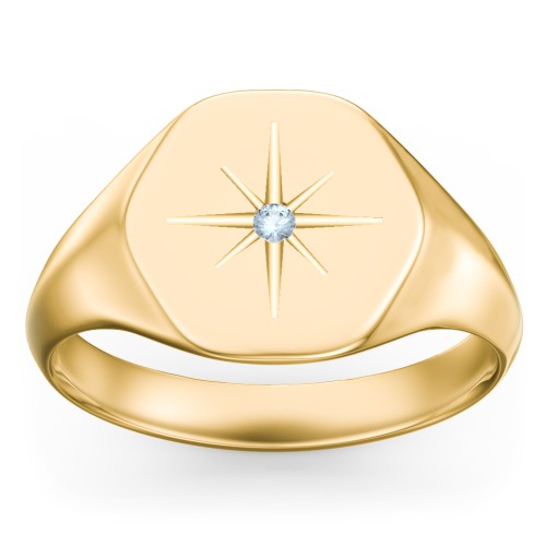 Men’s Star Set Hexagon Signet Ring – 10K Yellow Gold with Blue Topaz