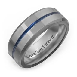 Men's Tungsten Ring with Blue Groove and Beveled Edge