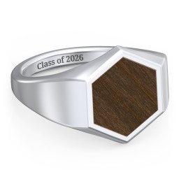 Men's Engravable Wood Hexagon Signet Ring - Walnut in 925 Sterling Silver