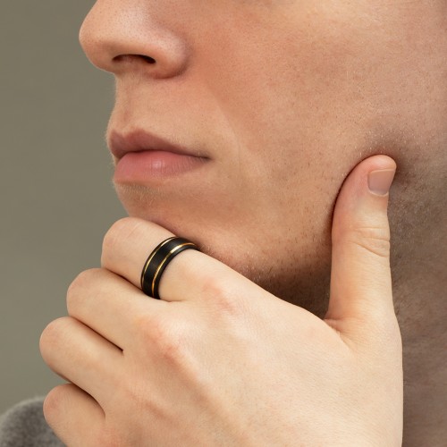 Men's Black Tungsten Dome Ring with 18K Yellow Gold Detailing – Tungsten