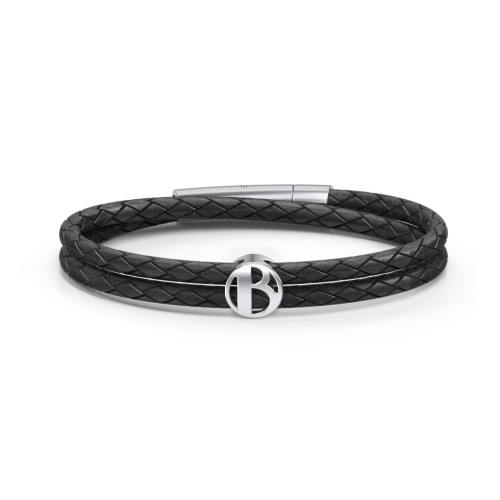 Men’s Leather Sterling Silver Round "B" Initial Bracelet