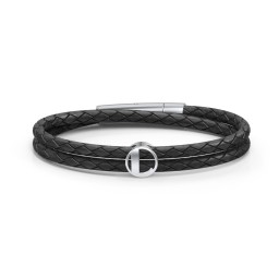 Men’s Leather Sterling Silver Round "L" Initial Bracelet in 925 Sterling Silver