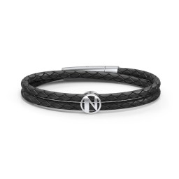 Men’s Leather Sterling Silver Round "N" Initial Bracelet in 925 Sterling Silver