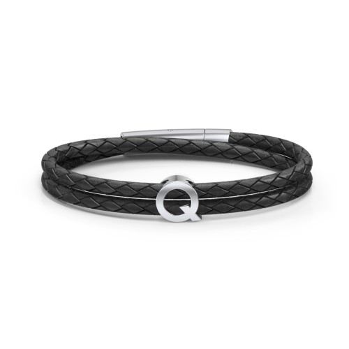 Men’s Leather Sterling Silver Round "Q" Initial Bracelet