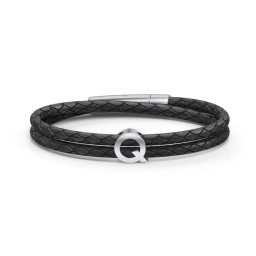 Men’s Leather Sterling Silver Round "Q" Initial Bracelet in 925 Sterling Silver