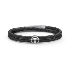 Men’s Leather Sterling Silver Round "T" Initial Bracelet