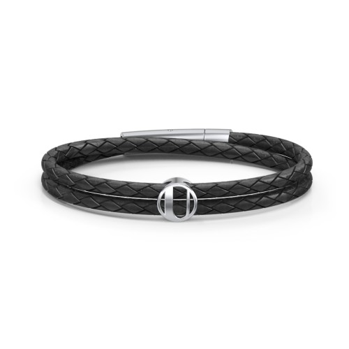 Men’s Leather Sterling Silver Round "U" Initial Bracelet
