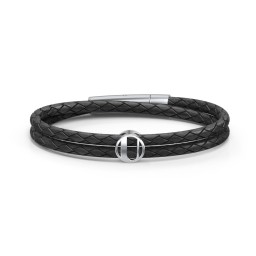 Men’s Leather Sterling Silver Round "U" Initial Bracelet in 925 Sterling Silver