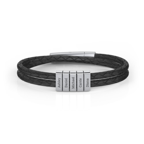 Men’s Engravable Sterling Silver Vertical 5-Bar Leather Bracelet