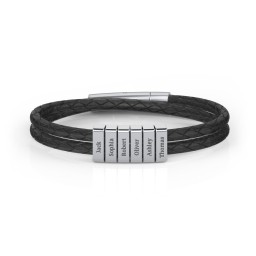 Men’s Engravable Sterling Silver Vertical 6-Bar Leather Bracelet in 925 Sterling Silver