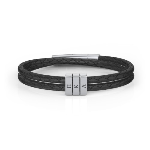 Men’s Engravable Vertical Bar and Leather Fraternity Bracelet – Sterling Silver