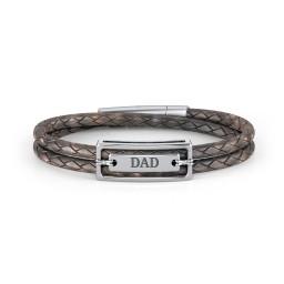 Men’s Antique Brown Leather Sterling Silver Engravable Nametag Bracelet in 925 Sterling Silver