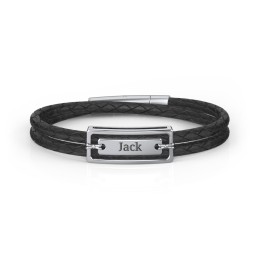Men’s Black Leather Sterling Silver Engravable Nametag Bracelet in 925 Sterling Silver