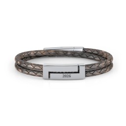 Men’s Antique Brown Leather Sterling Silver Engravable Rectangle Bracelet in 925 Sterling Silver