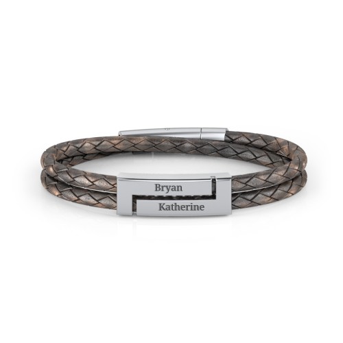 Men’s Antique Brown Leather Sterling Silver Engravable Rectangle Bracelet – Sterling Silver