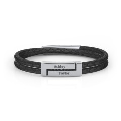 Men’s Black Leather Sterling Silver Engravable Rectangle Bracelet – Sterling Silver